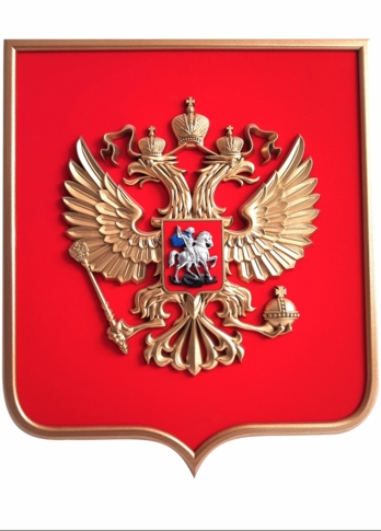 Герб РФ настенный, основа ДВП и ткань, объемный орел, рамка МДФ (65 * 75см)